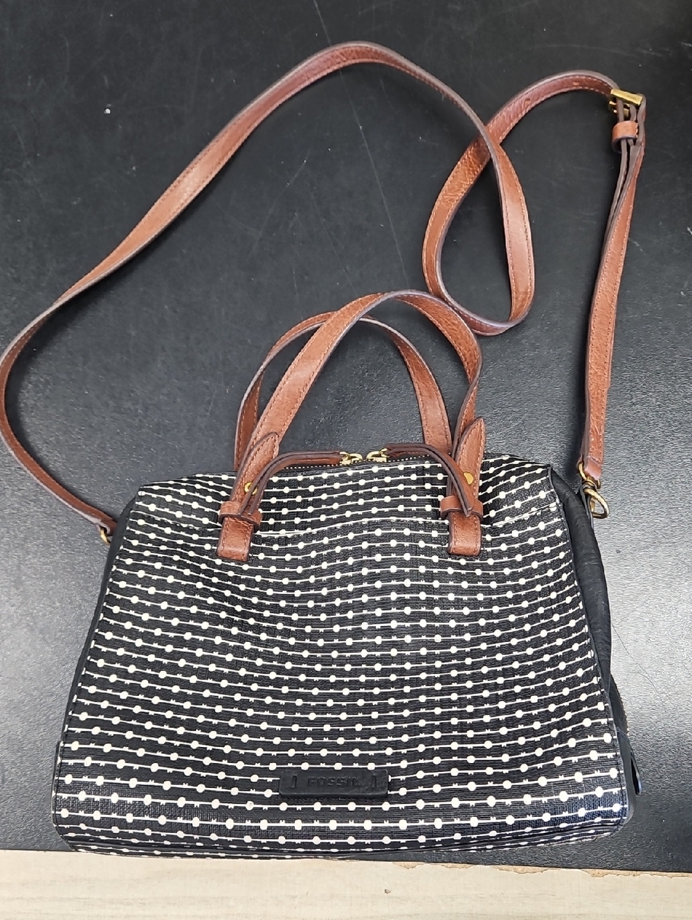 Fossil Black & White Dot-Pattern Satchel / Crossbody Brown Trim 10 L X 5.75 W